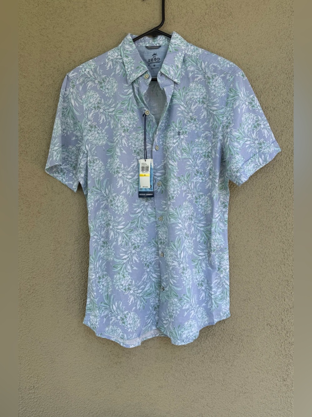 Izod Men’s Pale Blue & MintGreen Floral 100%cotton Short Sleeve Button-DownShirt